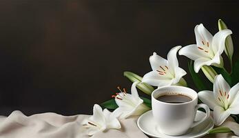 ai generado plano laico café taza con tulipán flor antecedentes foto