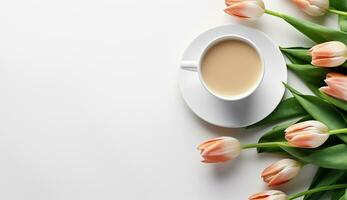 AI generated Cup of flat lay coffee on the table with tulip background photo