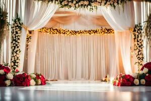 ai generado un Boda ceremonia con blanco y rojo flores foto