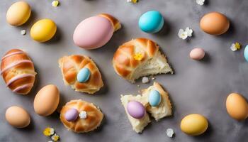 AI generated easter eggs and croissants on a gray background photo