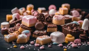 AI generated assortment of chocolate and sweets on a black background photo