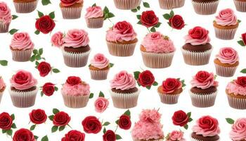 AI generated cupcakes and roses on white background photo