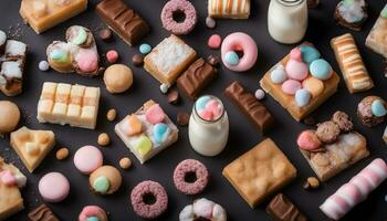 AI generated various types of sweets and sweets on a black background photo