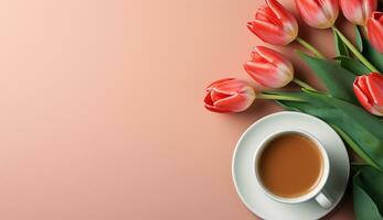 AI generated Flat lay coffee cup with tulip flower background photo