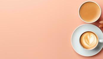 AI generated Cup of flat lay coffee on the table with tulip background photo