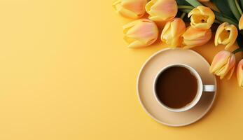 AI generated Flat lay coffee cup with tulip flower background photo