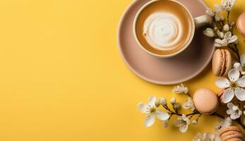 AI generated Cup of flat lay coffee on the table with tulip background photo