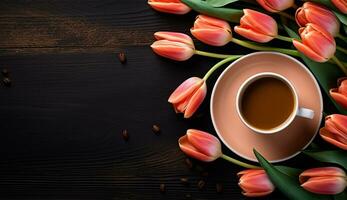 AI generated Cup of flat lay coffee on the table with tulip background photo