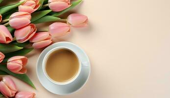 AI generated Cup of flat lay coffee on the table with tulip background photo