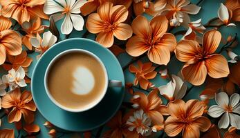 AI generated Cup of flat lay coffee on the table with tulip background photo