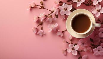 AI generated Cup of flat lay coffee on the table with tulip background photo