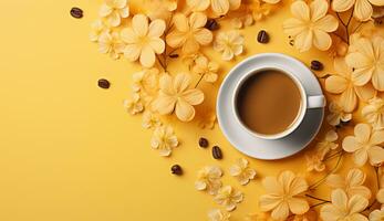 AI generated Flat lay coffee cup with tulip flower background photo