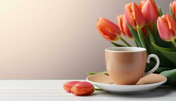 AI generated Cup of flat lay coffee on the table with tulip background photo