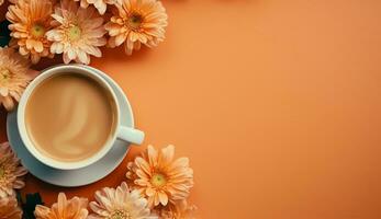 AI generated Cup of flat lay coffee on the table with tulip background photo