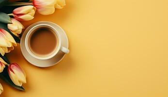 ai generado plano laico café taza con tulipán flor antecedentes foto