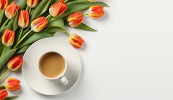 AI generated Cup of flat lay coffee on the table with tulip background photo