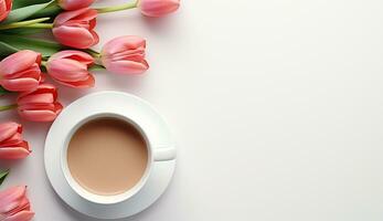 AI generated Cup of flat lay coffee on the table with tulip background photo