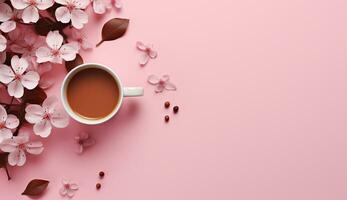 AI generated Cup of flat lay coffee on the table with tulip background photo