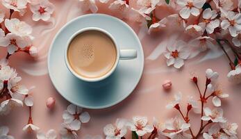 AI generated Flat lay coffee cup with tulip flower background photo