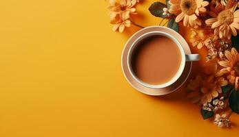 AI generated Cup of flat lay coffee on the table with tulip background photo