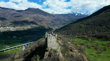 Aerial view of beautiful Ussel castle Aosta valley Italy video