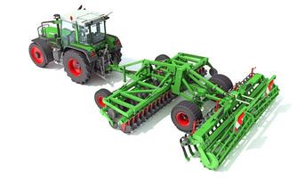 Farm Tractor with Trailed Disc Harrow 3D rendering on white background photo