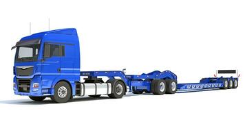 Semi Truck with Lowboy Platform Trailer 3D rendering on white background photo