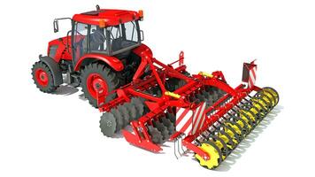 Tractor with Seed Drill farm equipment disc harrow 3D rendering on white background photo