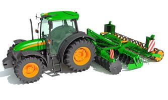 Farm Tractor with Compact Disc Harrow 3D rendering on white background photo