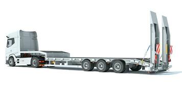 Truck with Lowboy Flatbed Trailer 3D rendering on white background photo