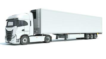 Truck with Reefer Refrigerator Trailer 3D rendering on white background photo