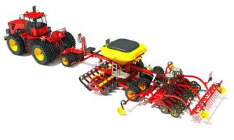 Tractor with Seed Drill farm equipment disc harrow 3D rendering on white background photo