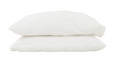 White pillows with case in stack after guest's use at hotel or resort room isolated with clipping path in png file format. Concept of comfortable and happy sleep in daily life