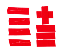 Top view of red adhesive vinyl tape or cloth tape stripes in set isolated with clipping path in png file format