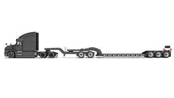 Semi Truck with Lowboy Platform Trailer 3D rendering on white background photo