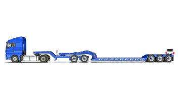 Semi Truck with Lowboy Platform Trailer 3D rendering on white background photo