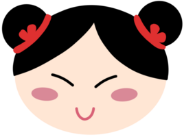 Girl with hair buns and red ribbons, cartoon face png