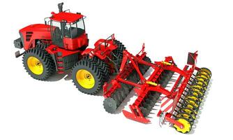 Tractor with Seed Drill farm equipment disc harrow 3D rendering on white background photo