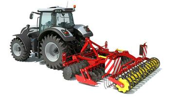 Tractor with Trailed Disc Harrow farm equipment 3D rendering on white background photo