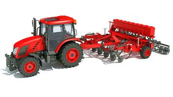 Tractor with Seed Drill farm equipment disc harrow 3D rendering on white background photo