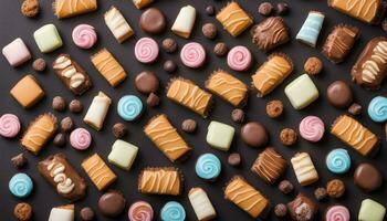 AI generated assorted sweets and candies on a black background photo