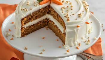 AI generated a carrot cake with frosting and a slice taken out photo