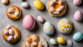 AI generated easter eggs and donuts on a gray background photo