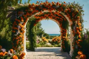 AI generated orange flowers decorate the archway leading to the beach photo