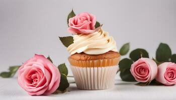 AI generated cupcake with pink roses on white background photo