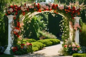 AI generated an archway decorated with flowers and greenery photo