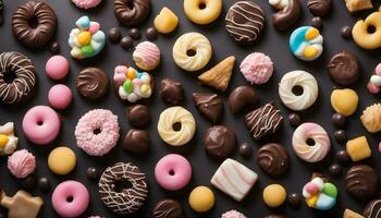 AI generated various types of chocolate and donuts on a black background photo