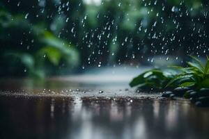 ai generado gotas de lluvia en el suelo en el bosque foto