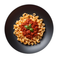 ai gegenereerd macaroni noedels met vlees en tomaat saus geserveerd Aan bord geïsoleerd Aan transparant achtergrond png