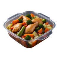 AI generated food in a container. stewed chicken, stewed vegetable isolated on transparent background png